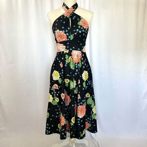 Rare Vintage Designer Lillie Rubin Floral Halter Midi Dress Women’s XS-S Retro - Picture 1 of 14